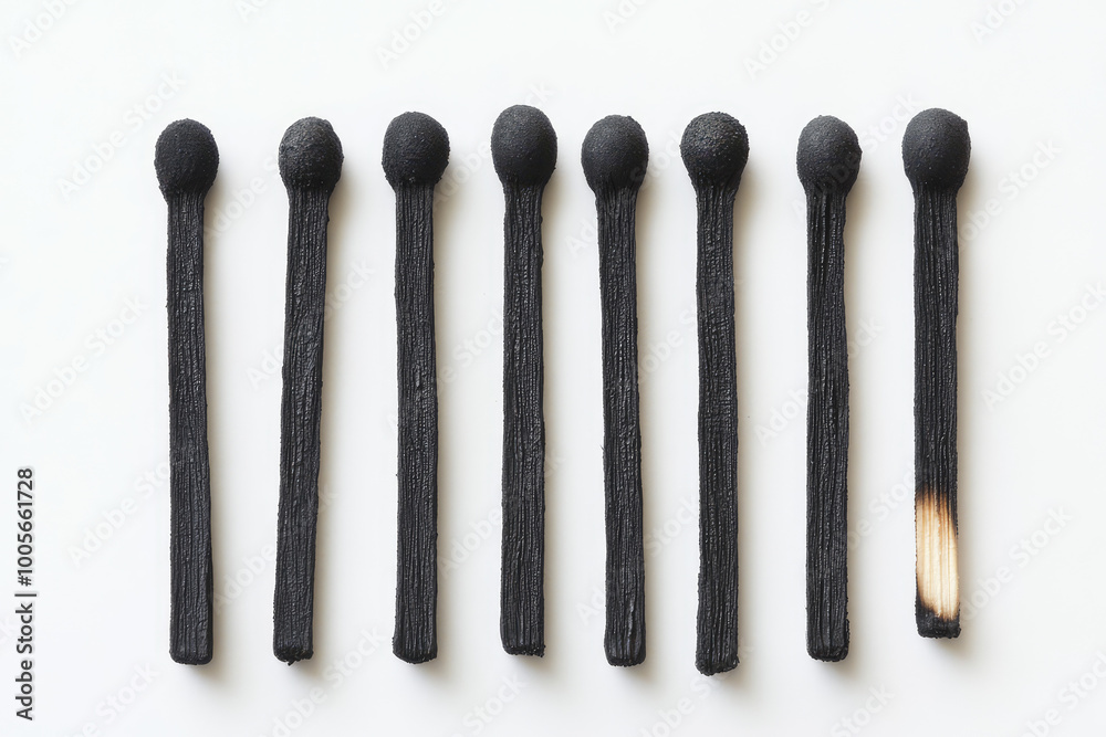 Eight black matches lined up in the same row, against a white background. Created with Ai Eight black matches lined up in the same row, against a white background. Created with Ai