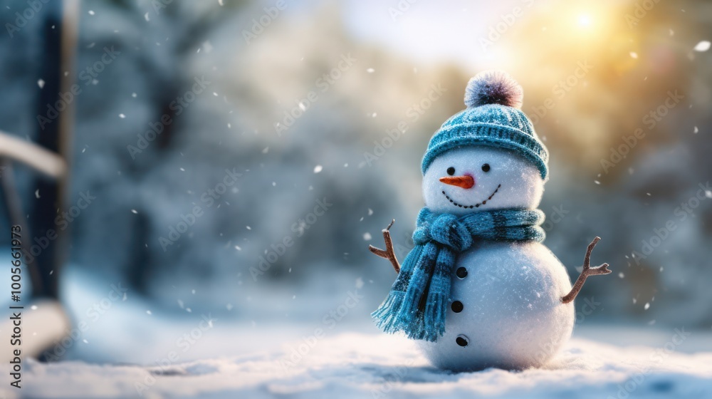 A cheerful snowman with a blue hat and scarf stands in a snowy w A cheerful snowman with a blue hat and scarf stands in a snowy w