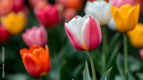 A breathtaking landscape of rows of vibrant colorful tulips in full bloom on a well maintained and picturesque rural flower farm The tulips display a stunning array of hues