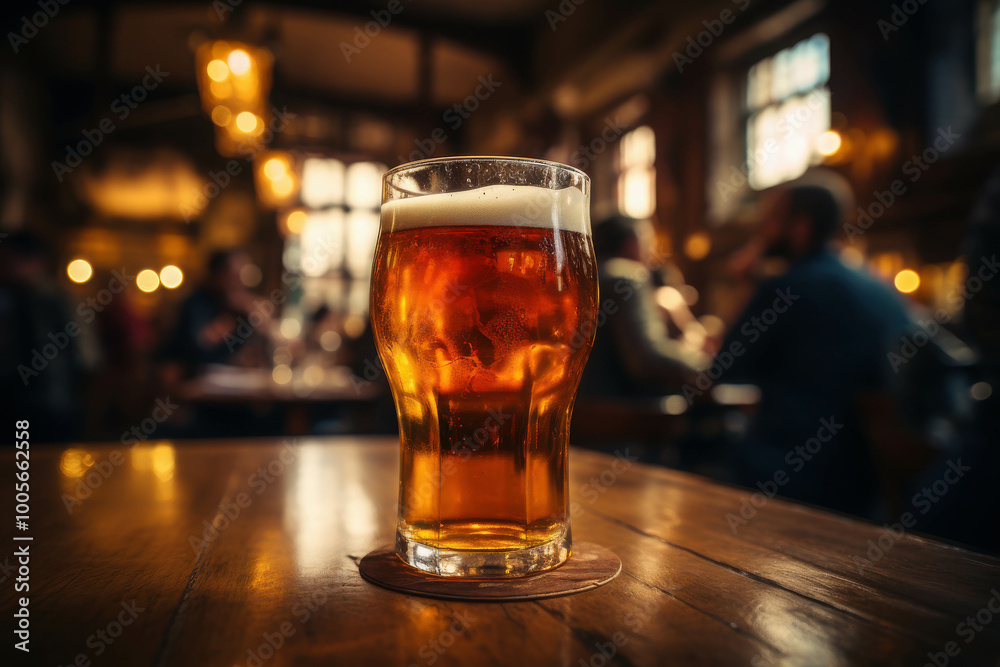 Glass of Beer on Table in Cozy Pub Setting Glass of Beer on Table in Cozy Pub Setting