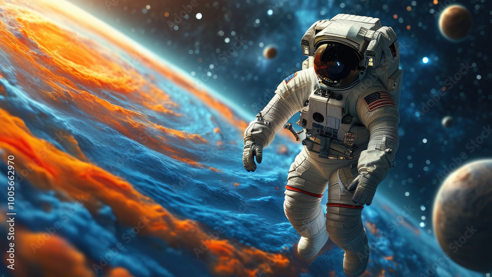 Fototapeta premium Space Exploration: Astronaut Floating Near a Distant Planet