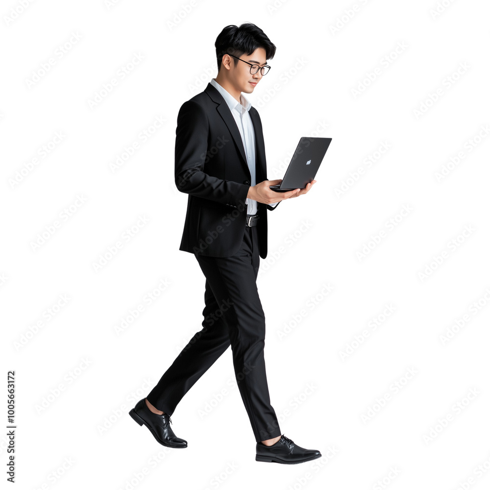 Confident Asian Businessman in Casual Formal Attire Walking and Working on Laptop with Dynamic Low Angle View in Studio Confident Asian Businessman in Casual Formal Attire Walking and Working on Laptop with Dynamic Low Angle View in Studio