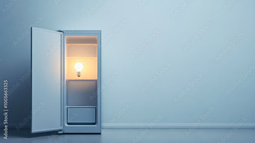 Open refrigerator illuminating empty room with light bulb Open refrigerator illuminating empty room with light bulb