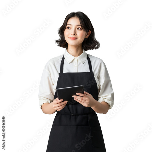 Smiling Japanese Store Clerk with Tablet Managing Inventory and Customer Service