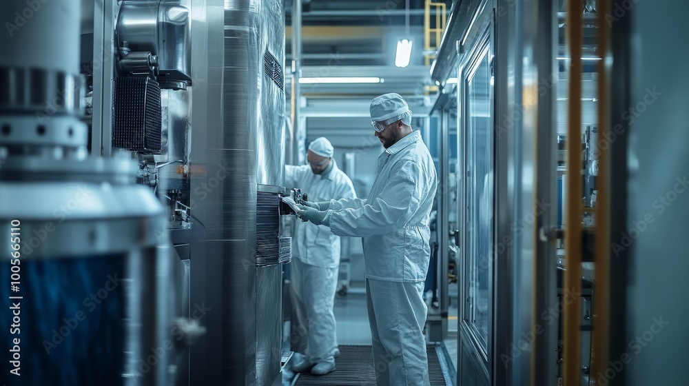 Industrial Workers Operating Machinery in Modern Factory Industrial Workers Operating Machinery in Modern Factory
