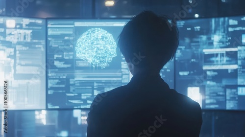 A person in a dark silhouette stands in front of a computer with a glowing blue brain on the screen.