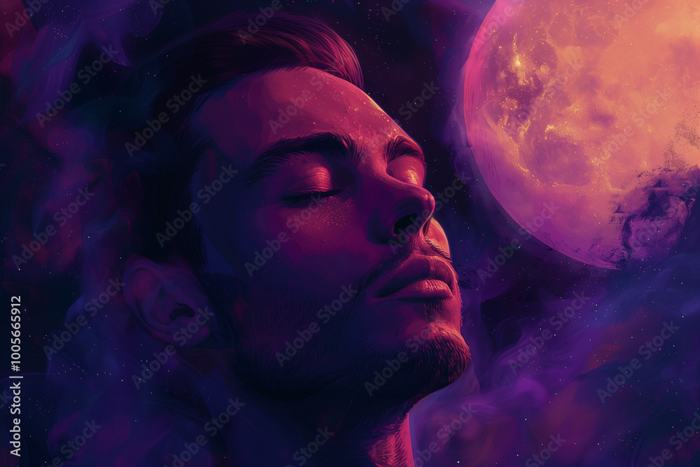 A surreal portrait of a man surrounded by vibrant cosmic clouds, bathed in the radiant glow of a purple moon, symbolizing cosmic enlightenment.