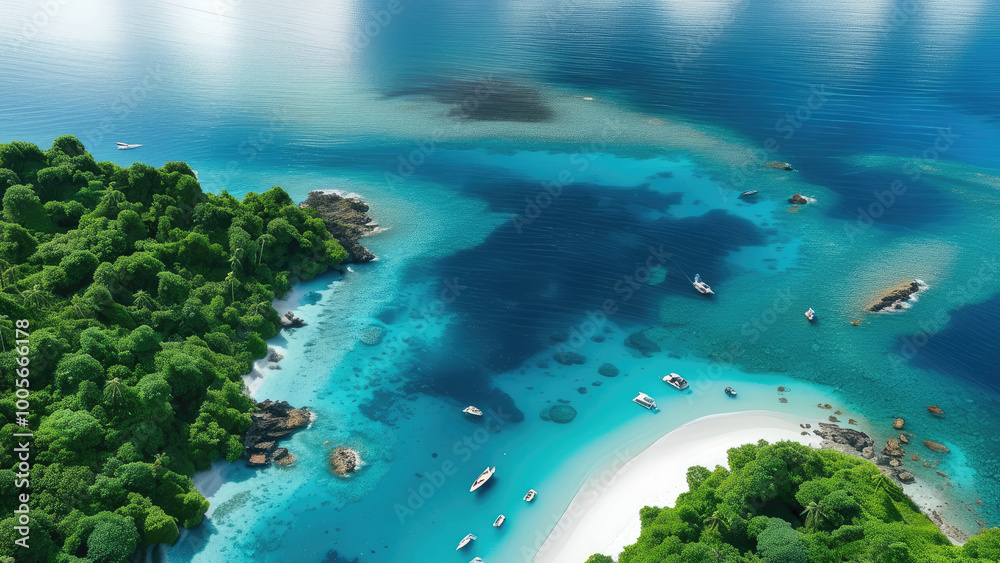 Tropical Paradise from Above: Aerial View of Lush Island and Coral Reefs Tropical Paradise from Above: Aerial View of Lush Island and Coral Reefs