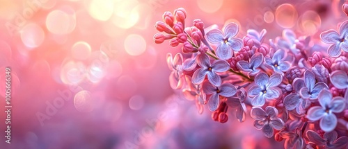 Blooming lilac flowers are bathed in soft pink hues, creating a tranquil atmosphere. The delicate petals shine under gentle morning light