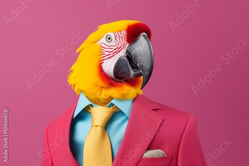 Fashionable anthropomorphic parrot dressed in a striking magenta suit and yellow tie.