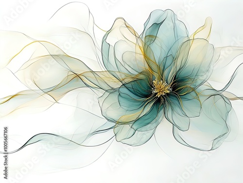 Elegant Dreamy Floral Design: Swirling Soft Blue Petals with Gold Accents – Perfect for a Stunning Poster in Modern Interiors or Botanical Art Collections