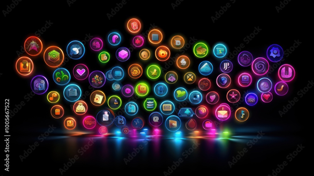 Vibrant App Icons in Neon Circles on a Dark Background Vibrant App Icons in Neon Circles on a Dark Background