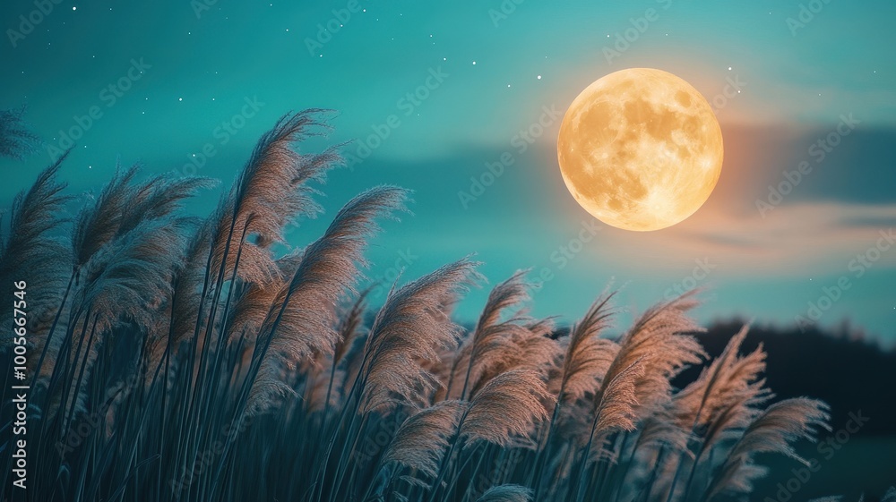 Fototapeta premium Full moon and Japanese pampas grass in midnight,The harvest Miscanthus sinensis and full moon,beautiful night sky in the countryside with the perfect moon exudes beauty in the dark.