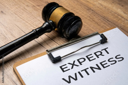 Close-up image of paper clipboard with text EXPERT WITNESS and judge gavel. Legal expertise, testimony, law concept.