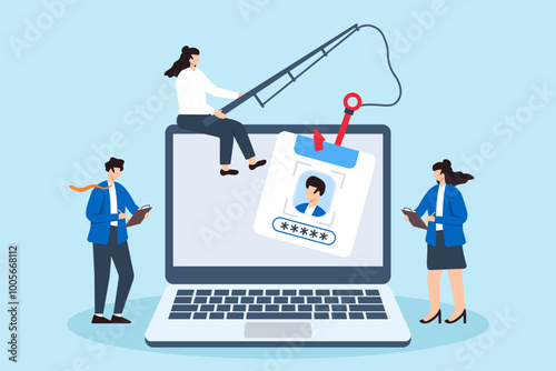 Flat illustration of woman conducting phishing simulation to train employees on recognizing cyber threats and social engineering attacks