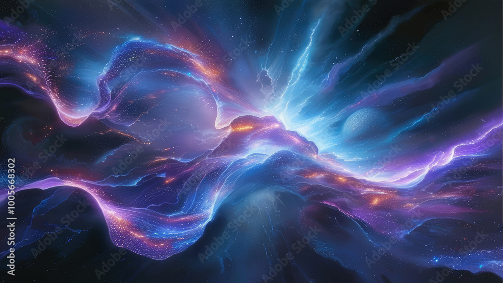 Naklejka premium Vibrant Depiction of Cosmic Radiation Flowing Through the Vastness of Space