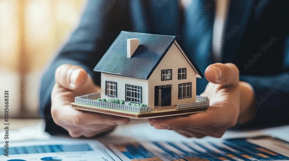 A person's hands hold a small model house against a blurry background of charts and graphs. A person's hands hold a small model house against a blurry background of charts and graphs.
