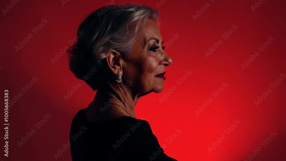 Elegant woman with silver hair against a bold red backdrop Elegant woman with silver hair against a bold red backdrop