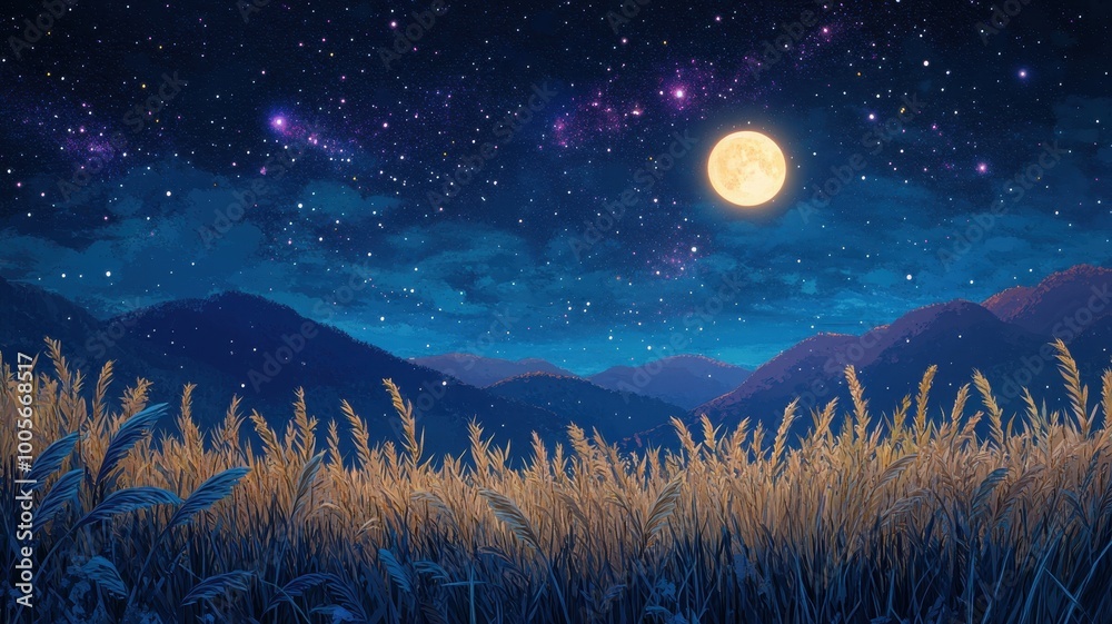 Fototapeta premium Full moon and Japanese pampas grass in midnight,The harvest Miscanthus sinensis and full moon,beautiful night sky in the countryside with the perfect moon exudes beauty in the dark.