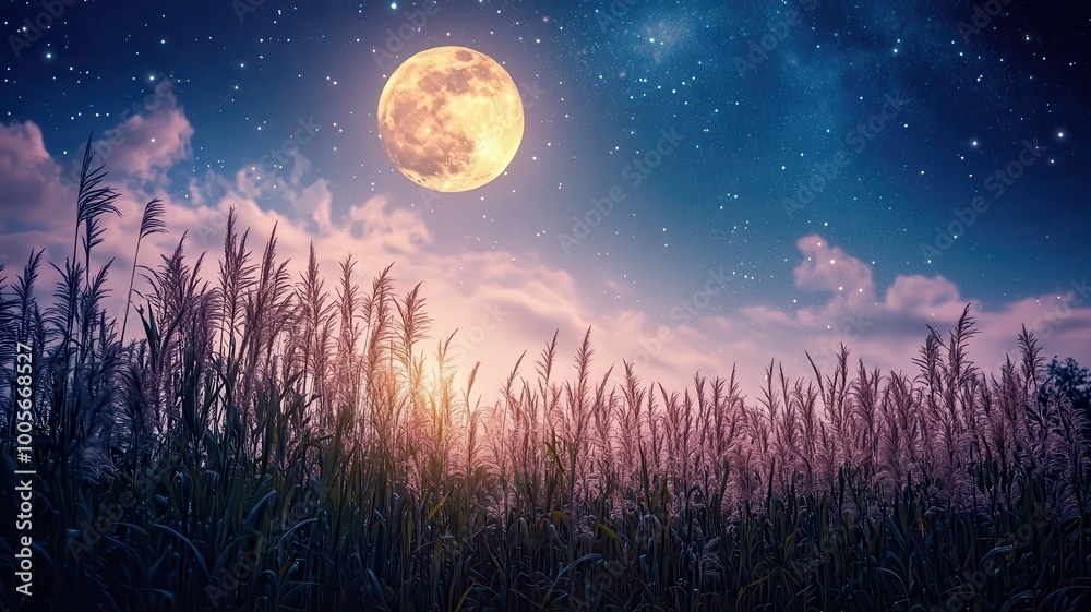 Fototapeta premium Full moon and Japanese pampas grass in midnight,The harvest Miscanthus sinensis and full moon,beautiful night sky in the countryside with the perfect moon exudes beauty in the dark.