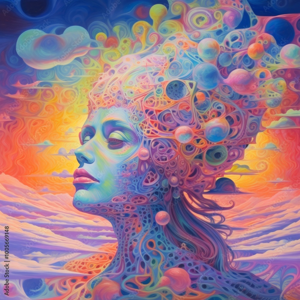 Fototapeta premium A vibrant, surreal portrait blending human form with cosmic elements.