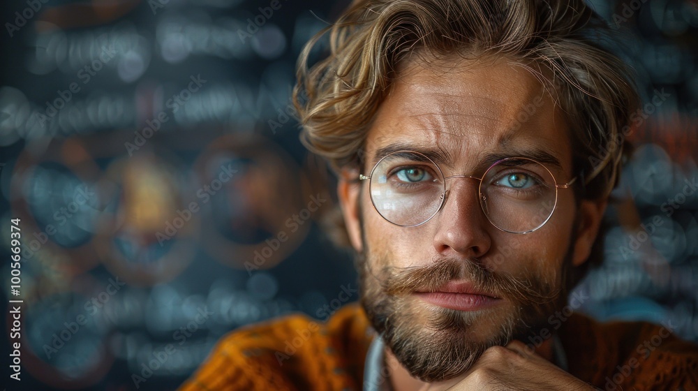 A thoughtful young man in a cozy café pondering life's questions while gazing intently at the chalkboard behind him. Generative AI A thoughtful young man in a cozy café pondering life's questions while gazing intently at the chalkboard behind him. Generative AI