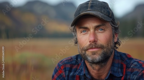 A thoughtful man in a cap reflects on nature in a tranquil landscape during golden autumn moments. Generative AI
