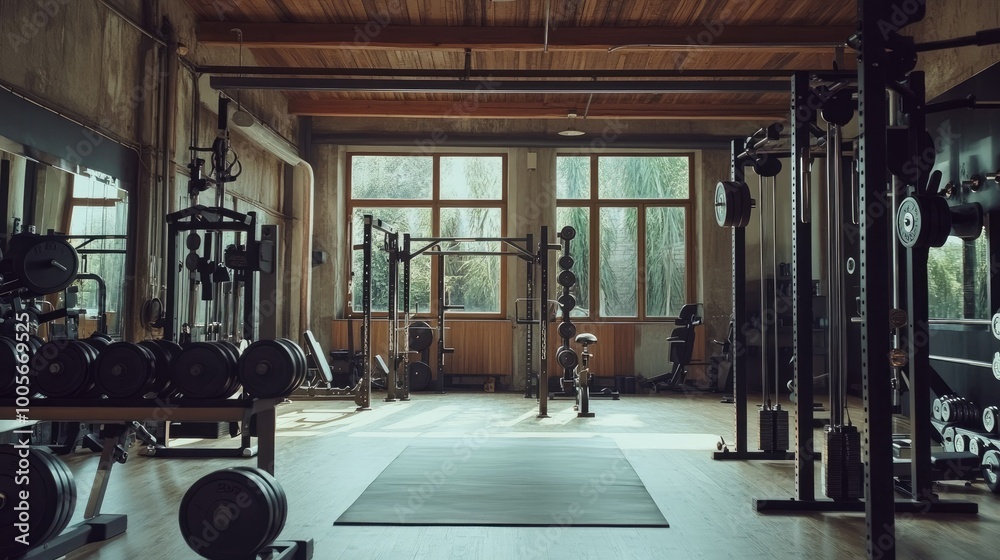 A spacious gym with various weight racks, barbells, and workout equipment, empty and ready A spacious gym with various weight racks, barbells, and workout equipment, empty and ready