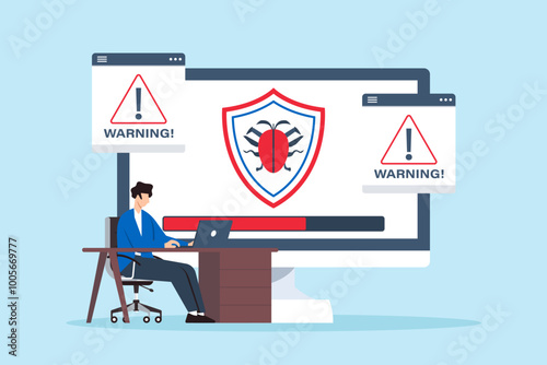 Flat illustration of technician installing anti-malware software on computer with virus scan in progress