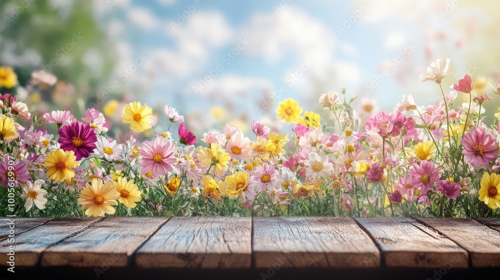 A vibrant flower-filled background with a natural wooden table, perfect for spring or summer product photography. A vibrant flower-filled background with a natural wooden table, perfect for spring or summer product photography.