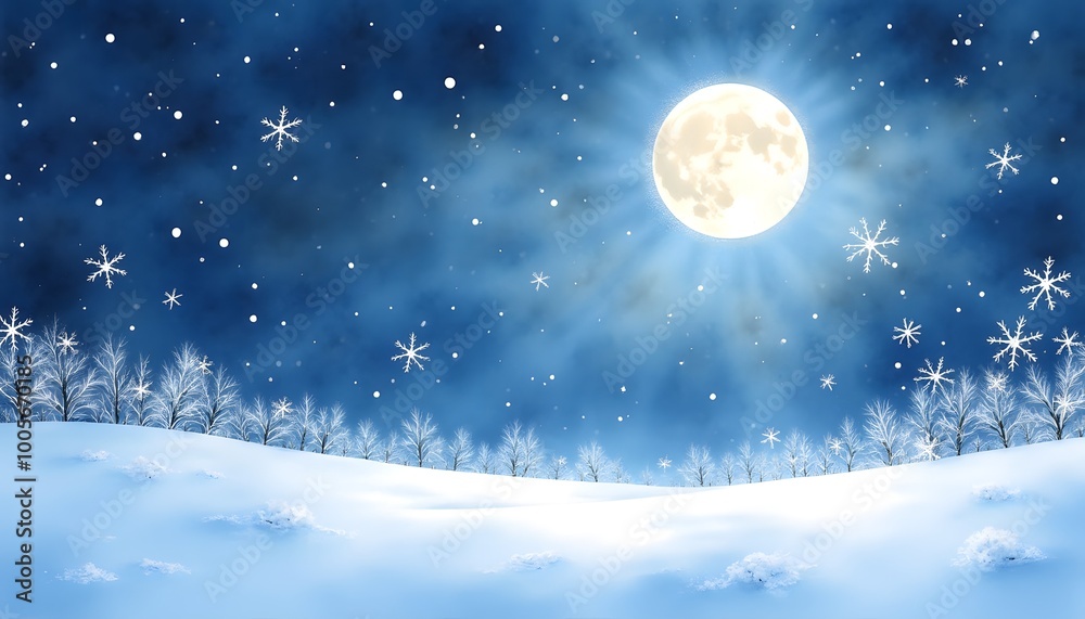 Enchanting winter night scene with full moon and snowy forest Enchanting winter night scene with full moon and snowy forest