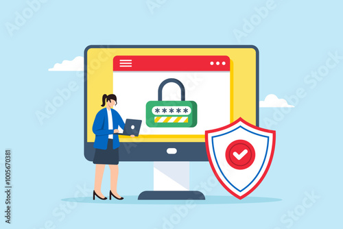 Flat illustration of employee inputting strong password on computer with secure login