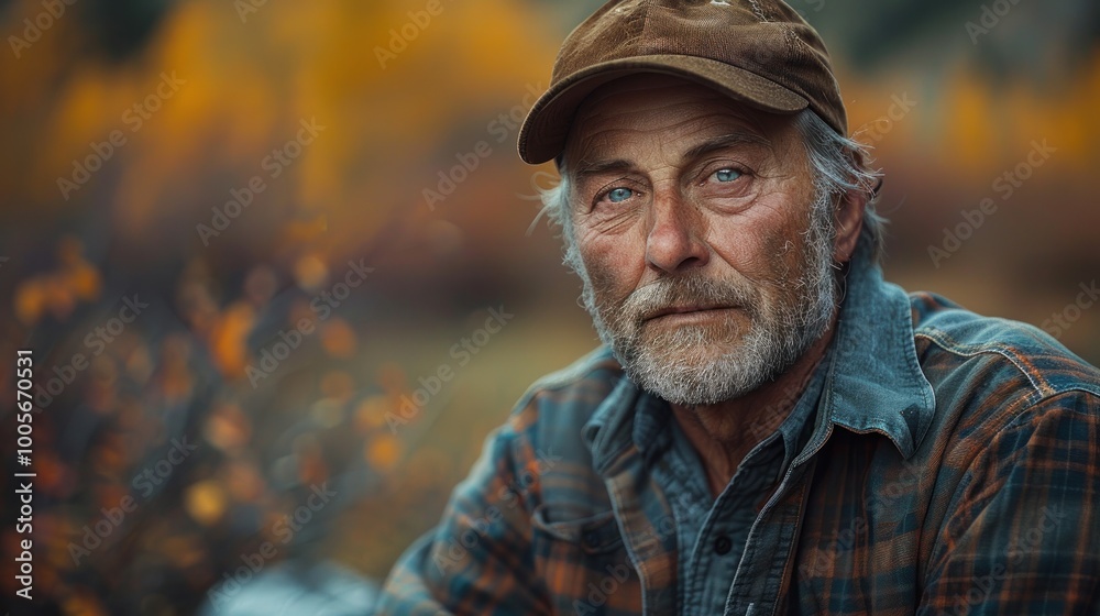 A contemplative man in a hat gazes thoughtfully in a vibrant autumn landscape surrounded by warm foliage. Generative AI A contemplative man in a hat gazes thoughtfully in a vibrant autumn landscape surrounded by warm foliage. Generative AI