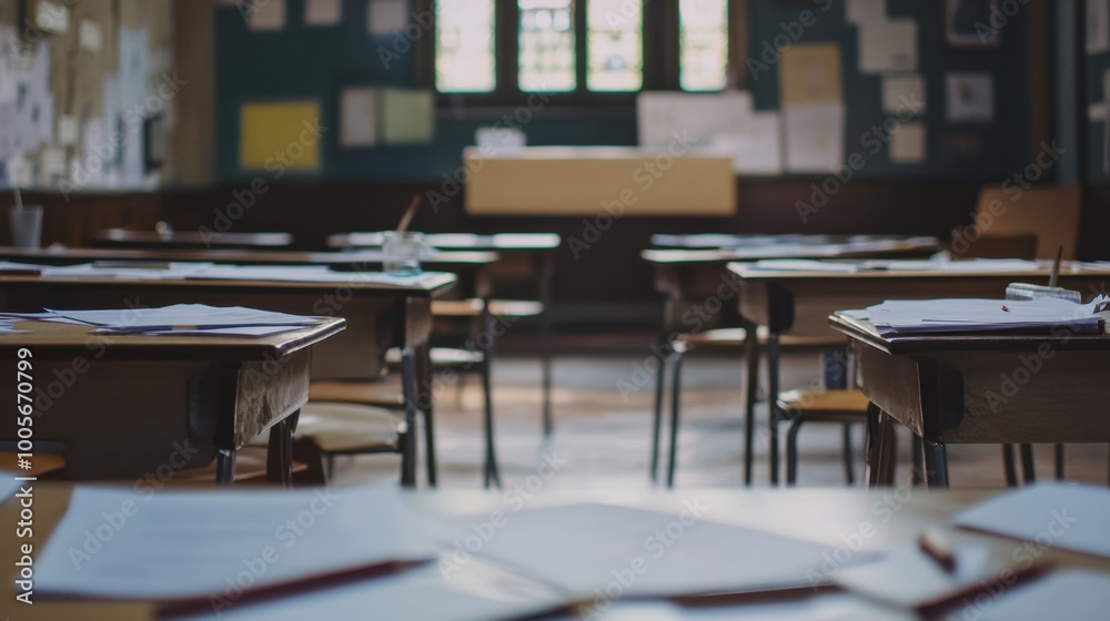 An empty exam room after students have finished, desks filled with completed test papers and scattered pencils. An empty exam room after students have finished, desks filled with completed test papers and scattered pencils.