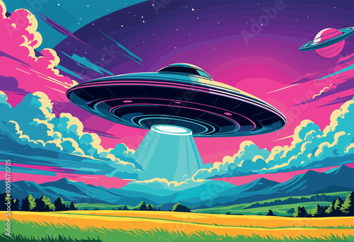 UFO Hovering Over Bright Green Field with Beam of Light
