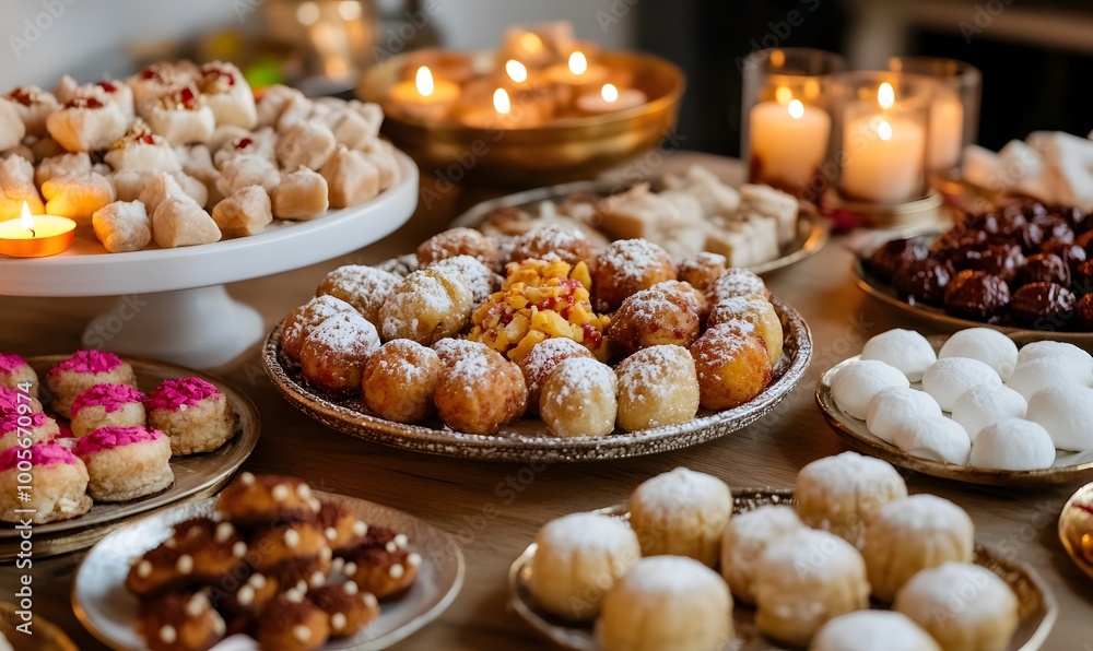 Fototapeta premium Table full of Diwali sweets like laddoos, barfis and gulab jamuns on colorful plates, Generative AI 