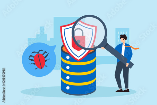 Flat illustration of cybersecurity engineer conducting penetration testing on company database