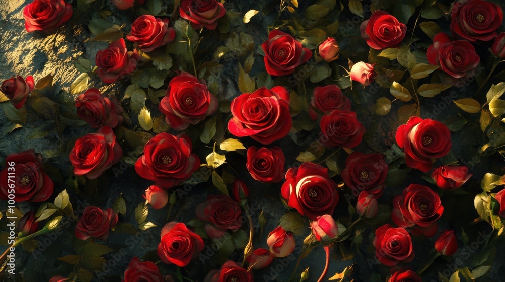 An intricate display of red roses in bloom from an overhead view, their vibrant petals creating a romantic and opulent scene. Realistic, very detailed An intricate display of red roses in bloom from an overhead view, their vibrant petals creating a romantic and opulent scene. Realistic, very detailed