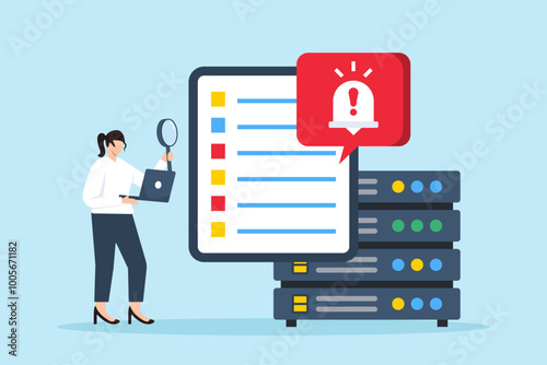 Flat illustration of data security expert inspecting security logs with alert notifications popping up