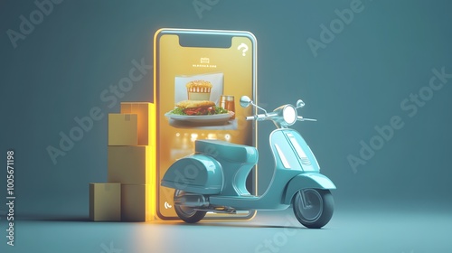 E-commerce concept, Delivery service on mobile application, Transportation or food delivery by scooter, 3d rendering. 