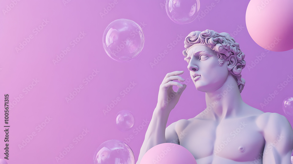 3D Greek sculpture with pink bubble on purple

