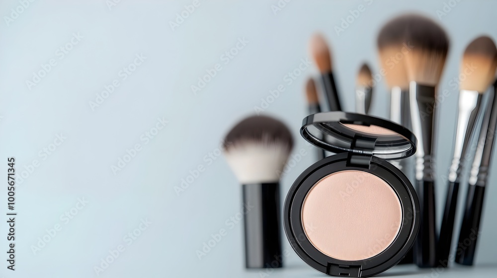 A stylish mockup of a cosmetic compact featuring a mirrored surface set against a backdrop of carefully arranged elegant makeup brushes showcasing a luxurious beauty product and accessories A stylish mockup of a cosmetic compact featuring a mirrored surface set against a backdrop of carefully arranged elegant makeup brushes showcasing a luxurious beauty product and accessories