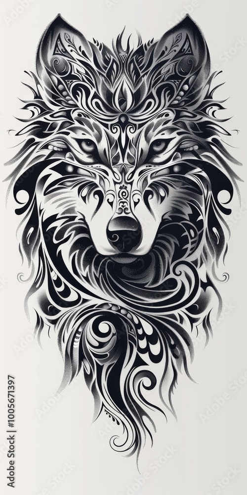 Obraz premium A stunning black and white tribal wolf tattoo design featuring intricate patterns and swirling details, perfect for tattoo enthusiasts and art lovers.