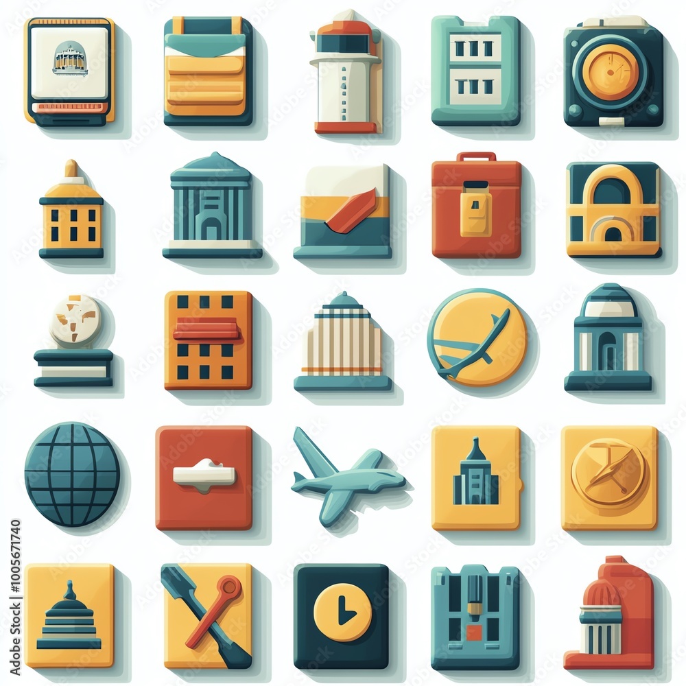 Colorful icons depicting various landmarks and travel elements, perfect for design or travel-themed projects. Colorful icons depicting various landmarks and travel elements, perfect for design or travel-themed projects.