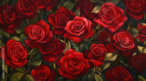 An overhead view of red roses, their velvety petals and lush textures creating a romantic and detailed backdrop. Realistic, very detailed