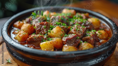 A bowl of meat and potatoes with parsley on top