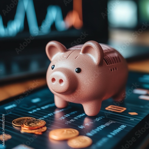 A piggy bank sits on a financial chart, symbolizing savings and investment strategies for personal finance.