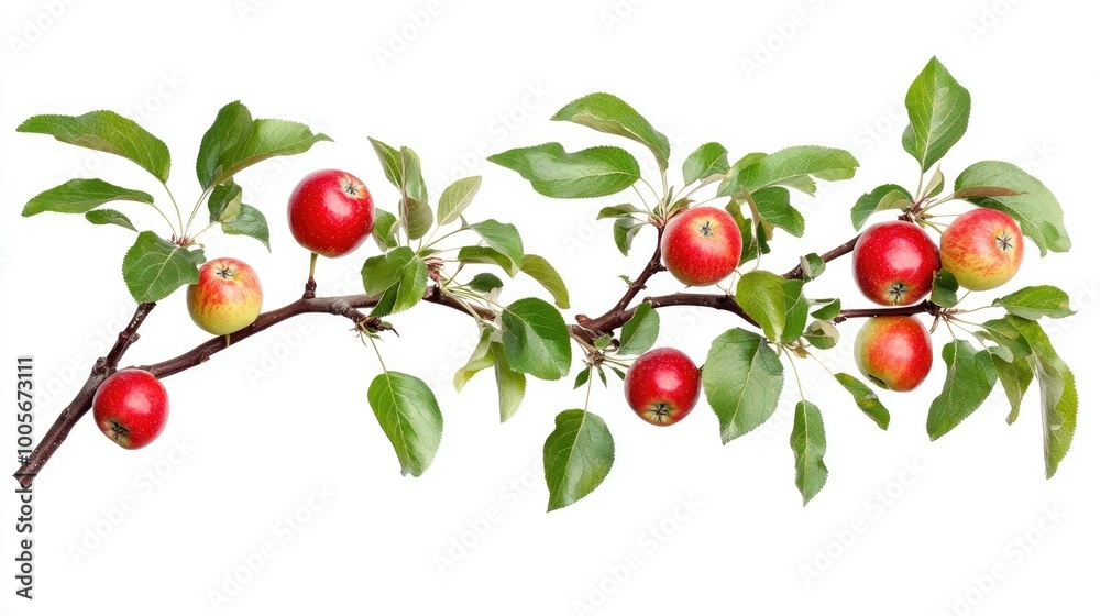 Apple tree branch bearing ripe red fruits with fresh green leaves, isolated on a white background Apple tree branch bearing ripe red fruits with fresh green leaves, isolated on a white background