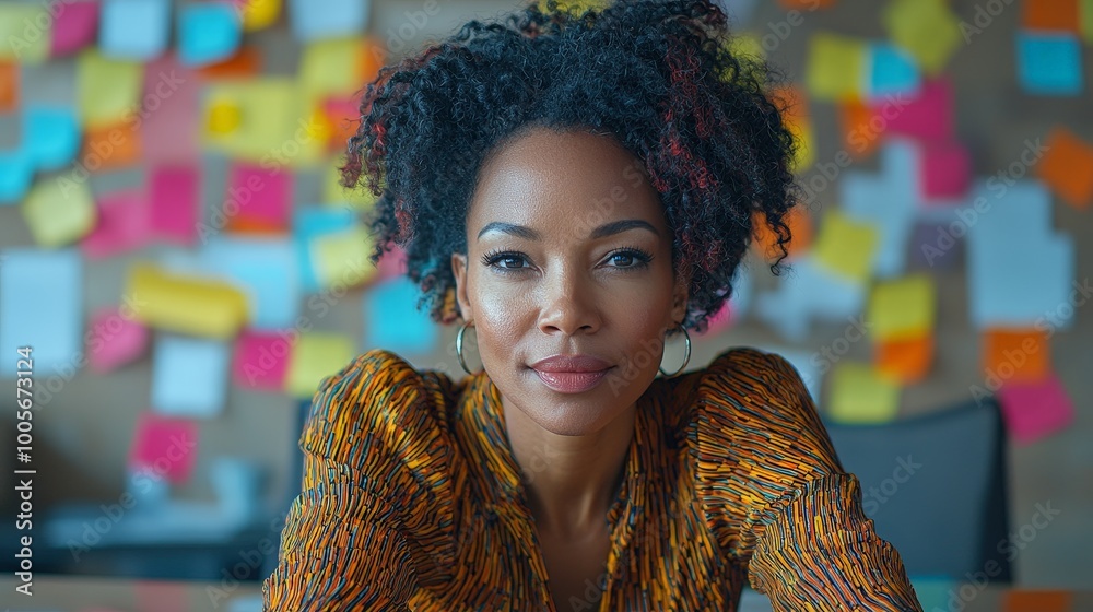 A confident woman with curly hair poses in front of a colorful wall of sticky notes. A confident woman with curly hair poses in front of a colorful wall of sticky notes.