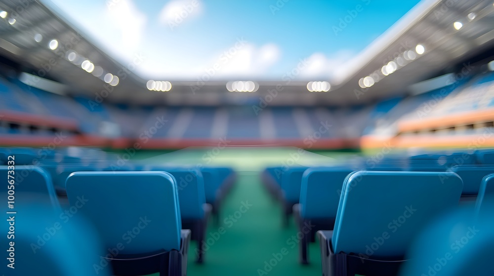 Fototapeta premium Abandoned Tennis Stadium Bathed in Warm Afternoon Light An Empty Court with Rows of Vacant Seats Awaiting the Next Match